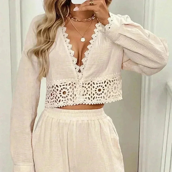 Apricot Casual Women's Fall Lace Splice Long Sleeve Cardigan And Pants - Picture 3 of 6